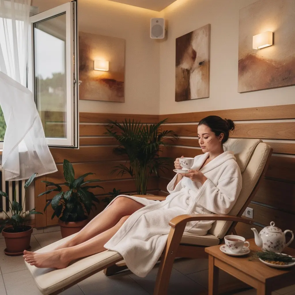 Pohľad na relaxačnú zónu s vankúšmi a čajovým stolíkom