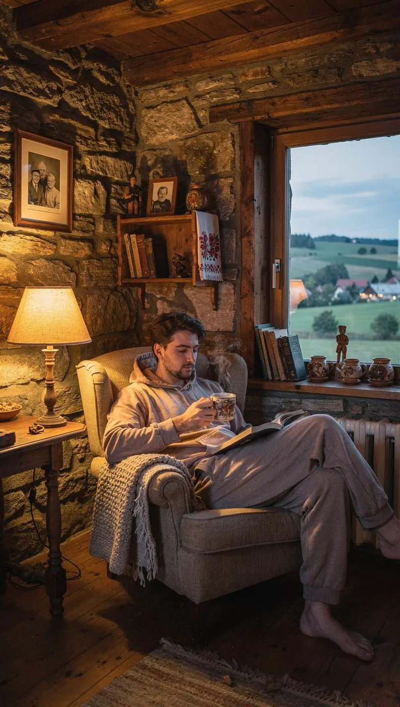 Žena sediaca na terase s šálkou teplého čaju v ruke, užívajúca si slnečný deň.