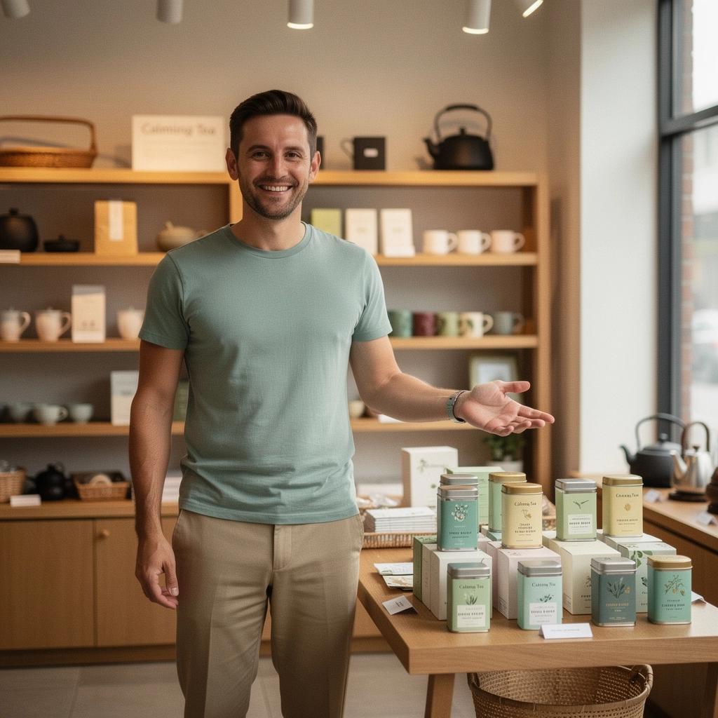 Žena v pohodlnom kresle, užívajúca si šálku čaju s úsmevom na tvári.